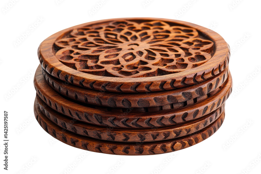 Exquisite hand carved wooden coasters a stack of five showcasing intricate mandala designs rich brown tones detailed craftsmanship and a on transparent background Exquisite hand carved wooden coasters a stack of five showcasing intricate mandala designs rich brown tones detailed craftsmanship and a on transparent background