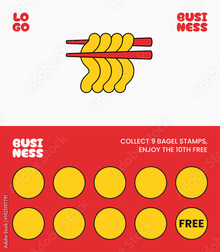 Bright and modern bagel loyalty card template with bold colors and cute noodles illustration.