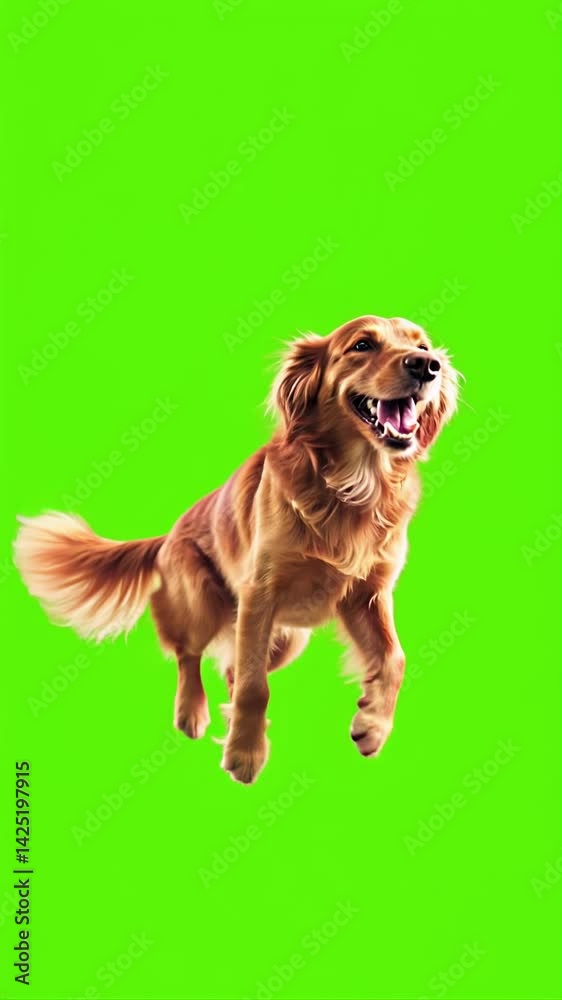Perro golden saltando para atrapar una pelota roja en camara lenta con fondo verde para efecto croma. 