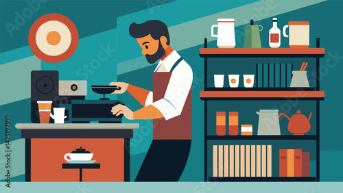 A busy barista expertly brewing coffee while a customer eagerly browses the selection of vinyl records available for purchase in the corner of the Vector illustration