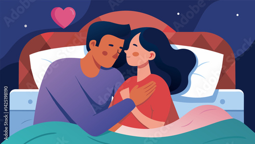 A couple cuddled up in bed taking a moment to say affirmations to each other and set intentions for their day together..