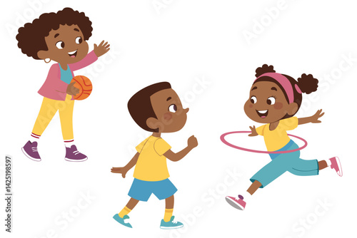 Three Joyful Black Children Playing: Girl with Ball, Boy Running, and Girl Hula Hooping, Cartoon Illustration, Active Kids