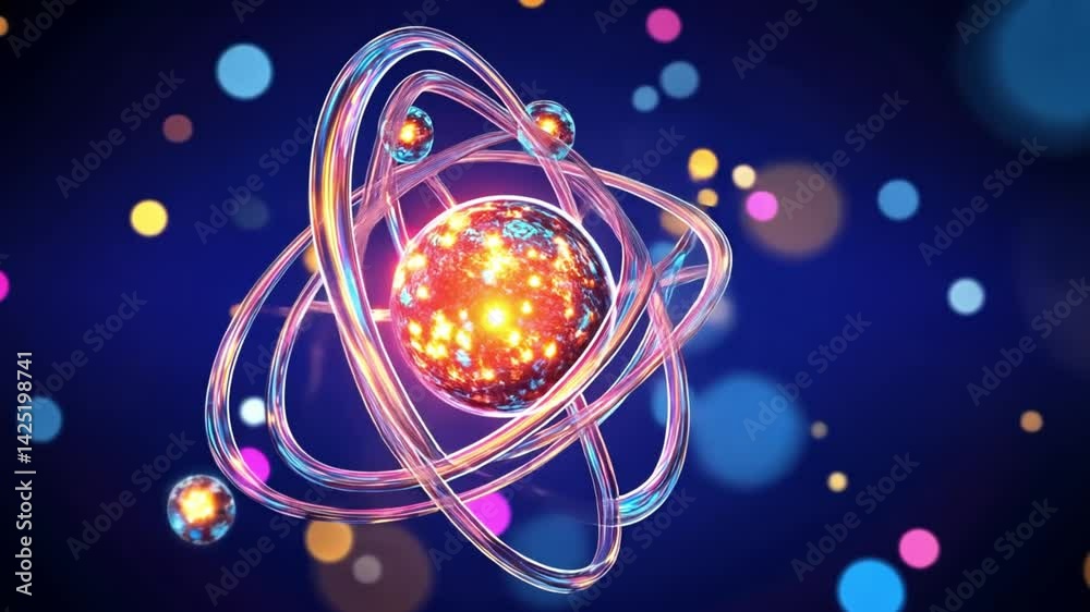 Abstract 3 d atomic structure with glowing particles and vibrant colors