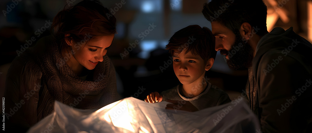Fototapeta premium Family Exploring a Lit Lantern