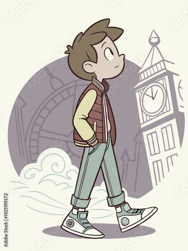 Cartoon Illustration of a Boy Walking in London with Big Ben in the Background, Retro Style, Adventure Theme