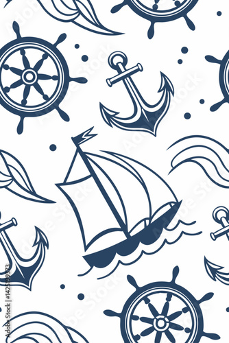 Seamless nautical vector pattern with ships and anchors  