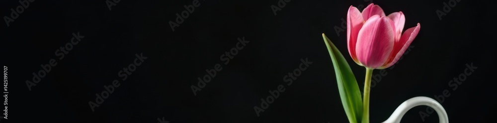Naklejka premium Pink tulip in white vase against black, studio shot, image, black background