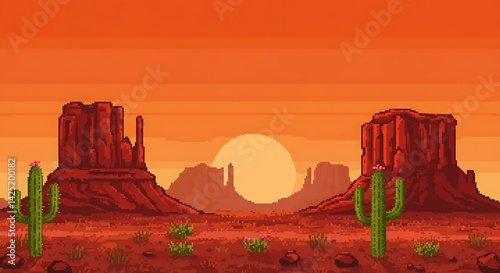 Desert Landscape Pixel Art with Rock Formations and Sunset