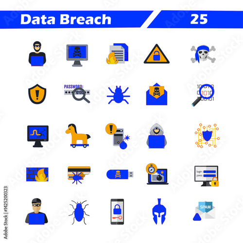 Data Breach Security Icons Set – Cyber Attack and Privacy