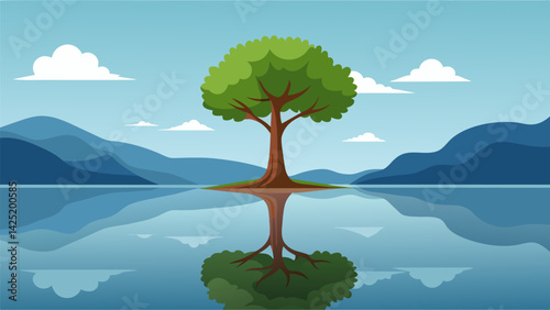 A lone tree stands at the edge of the lake its reflection mirroring its strength and resilience..