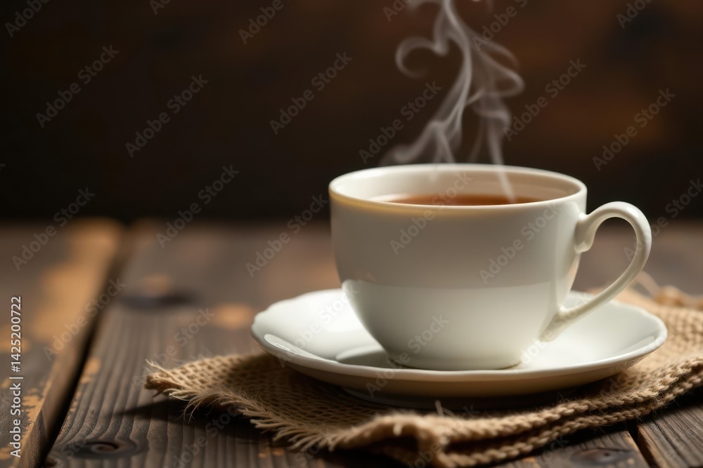 Fototapeta premium Steaming teacup, burlap sack, rustic wood table, background, wood, cup