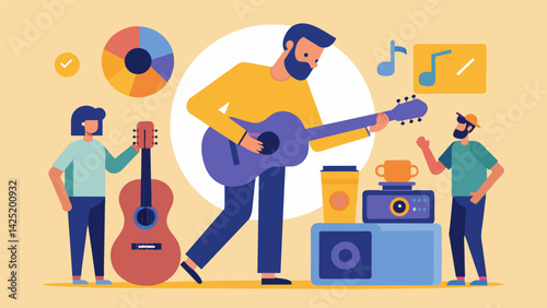 A man with a guitar slung over his shoulder takes a break from assembling the record player to strum a chord and inspire his groupmates. Vector illustration