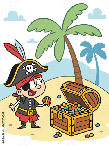 Cartoon Pirate Boy with Treasure Chest on Tropical Beach: Colorful Illustration for Kids, Adventure Theme