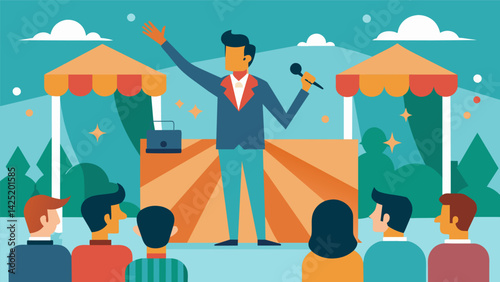 A makeshift stage set up in the market where a charismatic panic peddler is giving a passionate speech riling up the audience and promoting their.
