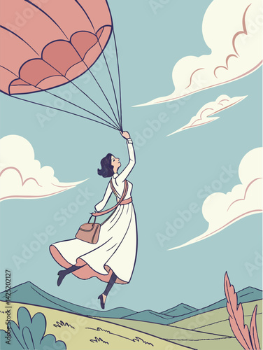 Vintage Illustration: Woman Soaring with Pink Parachute, Retro Style, Sky & Landscape, Adventure, Dreamy Art