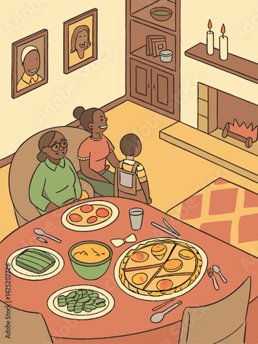 Family Dinner Illustration: Cozy Scene of Three Generations Enjoying Pizza, Vegetables, and Soup in a Warm, Illustrated Style