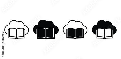 Online Library Icon Black and White Cloud and Open Book Symbols Vector Design