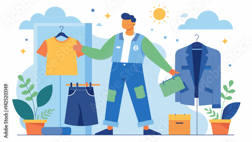 A designer experimenting with different ways to incorporate upcycled denim into a chic and sustainable wardrobe.. Vector illustration