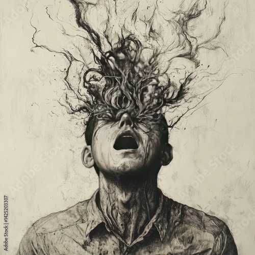 Distressed man, head exploding with dark tendrils
