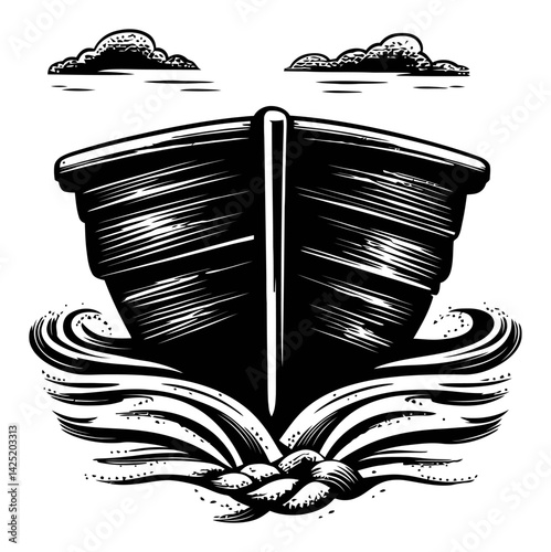 Vintage Boat Illustration in Engraving Style with Waves and Clouds