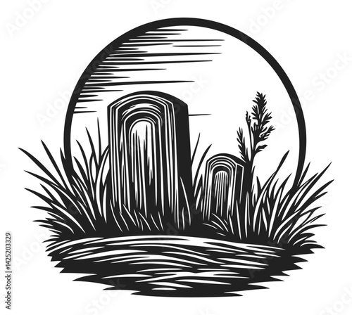 Vintage Engraving of Gravestones Surrounded by Tall Grass and Moon