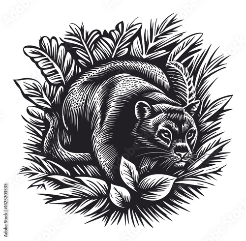 Detailed Engraving of a Panther in Lush Greenery and Foliage
