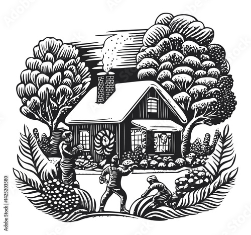 Detailed Black and White Engraving of House with People and Nature