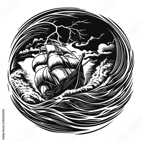 Dramatic Engraving of a Ship in Turbulent Waters with Lightning