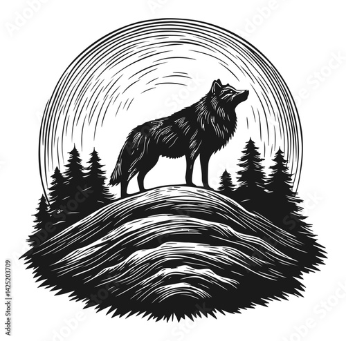 Elegant Wolf Engraving Surrounded by Trees and Moonlit Landscape