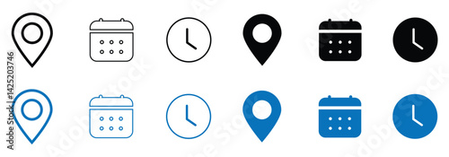 clock, date, location, icon set. Editable, Filled vector illustration.