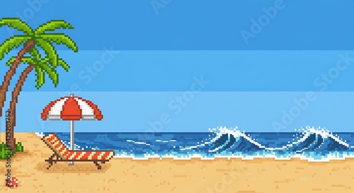 Pixel Art Beach Scene with Palm Tree Ocean Waves and Deck Chair