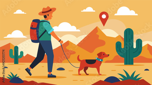 A solo adventurer heads out into the desert her loyal dog by her side both sporting GPS trackers to navigate through the expansive and seemingly. Vector illustration