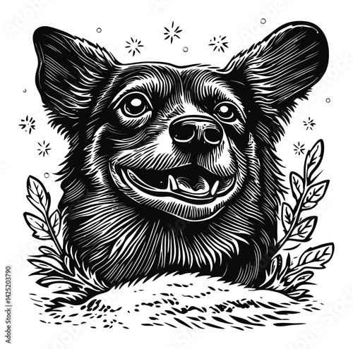 Detailed Engraving Illustration of a Happy Dog with Floral Elements
