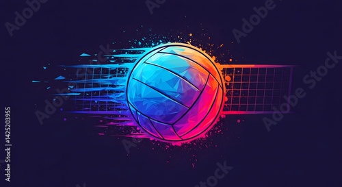 Dynamic Volleyball Ball Graphic with Colorful Trail and Net Illustration