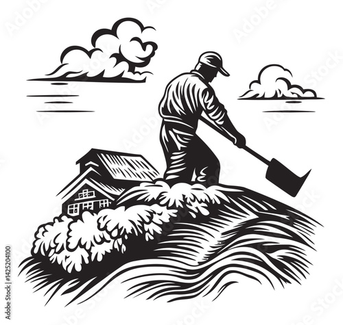 Vintage Engraving of a Farmer Digging with a Shovel in Landscape