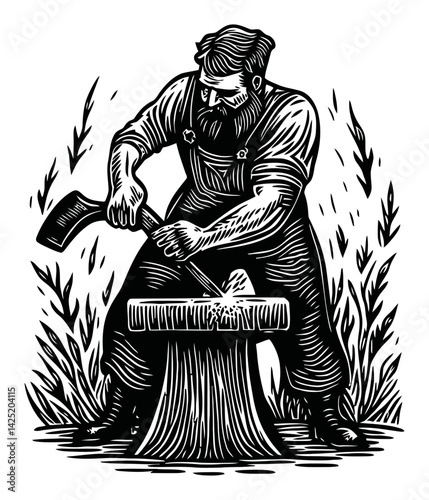 Skilled Blacksmith Engraving with Axe on Wooden Anvil