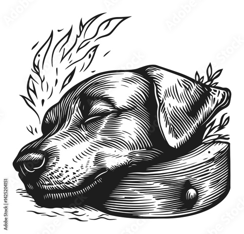 Detailed Engraving of a Dog's Head Surrounded by Nature Elements