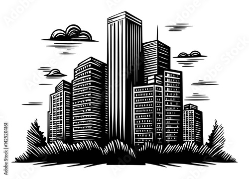 Engraving of a Modern City Skyline with Tall Buildings and Clouds