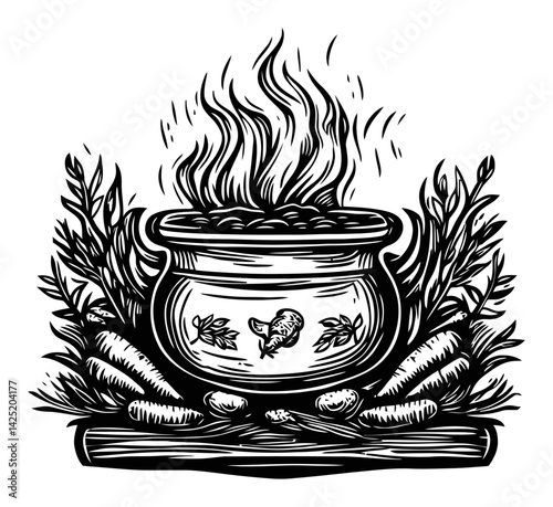Vintage Engraving of Cooking Pot with Flames and Fresh Vegetables