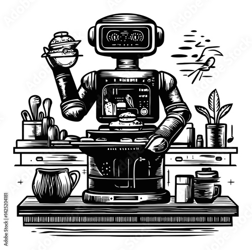 Retro Robot Chef Serving Food in a Kitchen Engraving Illustration