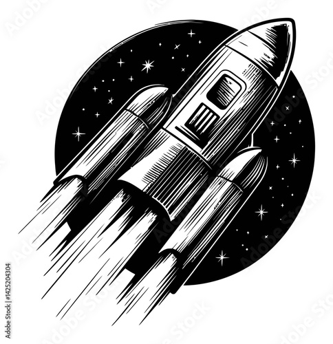 Vintage Rocket Ship Engraving with Stars and Space Illustration