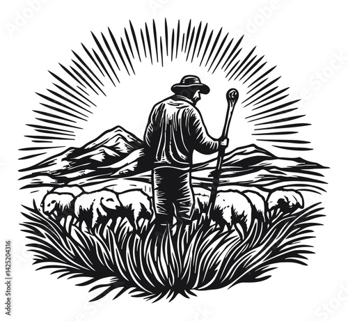 Rustic Shepherd with Sheep in Mountain Landscape Engraving Illustration