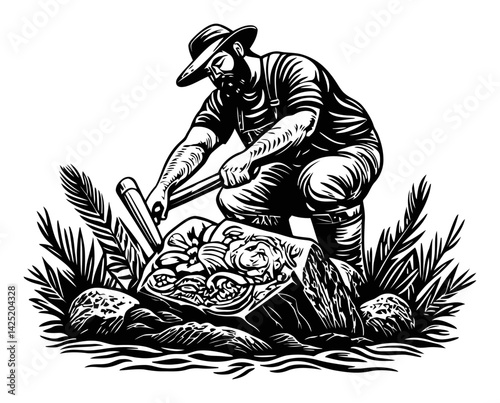 Engraver Carving Detailed Illustration of Nature Scene with Man