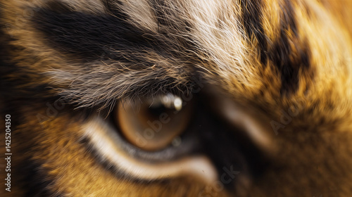 Obraz na płótnie The image is a close-up of an animal's eye, likely a tiger, with fur and distinct black and orange stripes visible w salonie