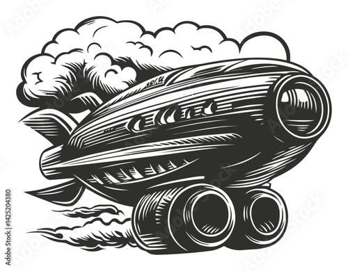 Vintage Airship Illustration with Engraved Details and Clouds
