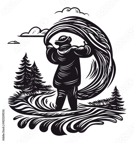 Fisherman Casting Line in Scenic Landscape Engraving Style Illustration