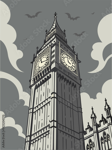 Big Ben Illustration: Vector Art of London's Iconic Clock Tower in Black and White, Gothic Architecture, Dramatic Sky, Bats