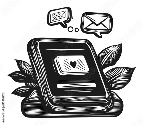 Engraving Illustration of a Book Surrounded by Leaves and Messages
