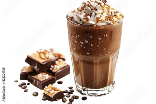 Indulge in a decadent salted caramel mocha frappe topped with whipped cream and chocolate on transparent background