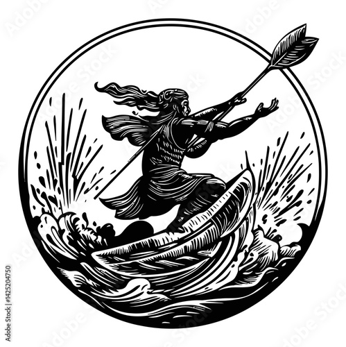 Dynamic Illustration of a Warrior Fishing in Energetic Waters